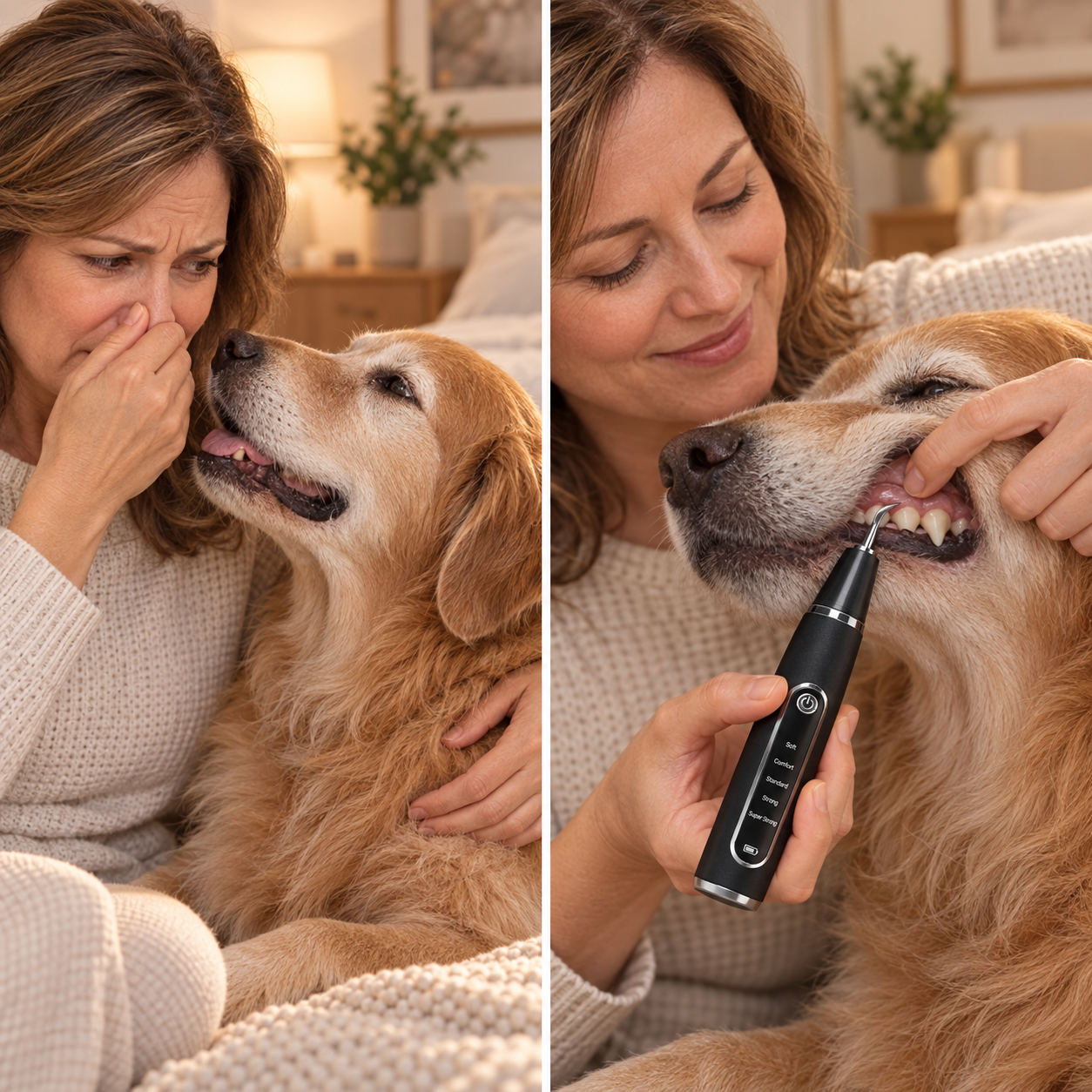 Dog owner notices stronger breath before calmly using the uncapped RodentLab cleaner on one visible back tooth