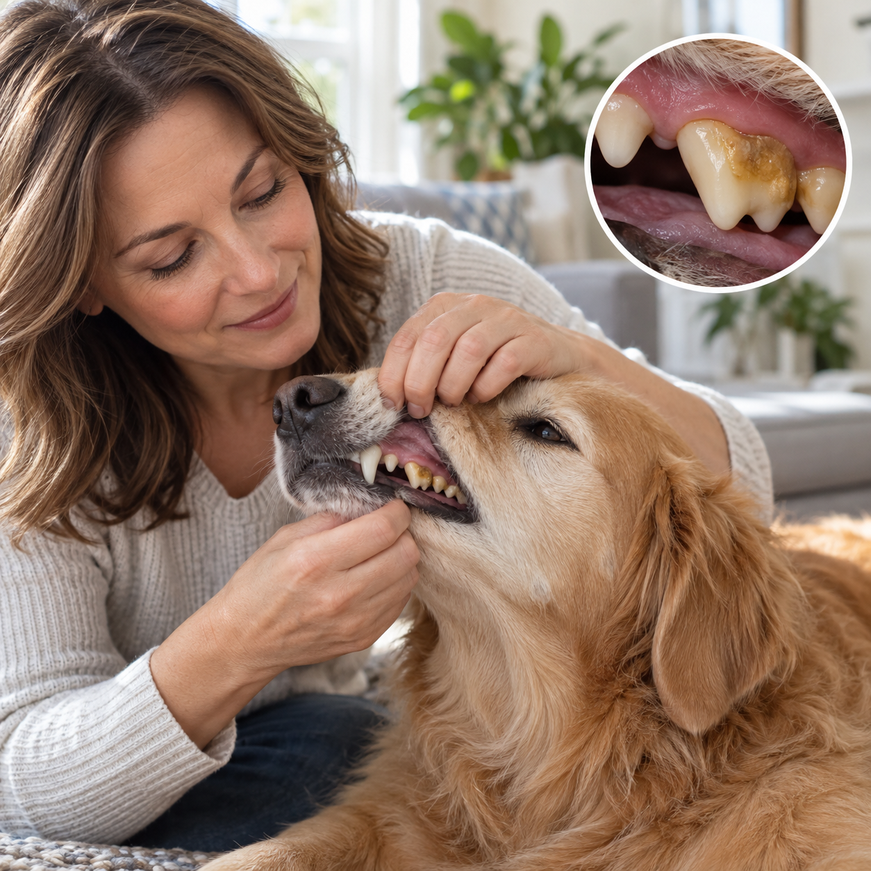 Owner checks a calm dog's visible back tooth with a magnified view of hardened tartar