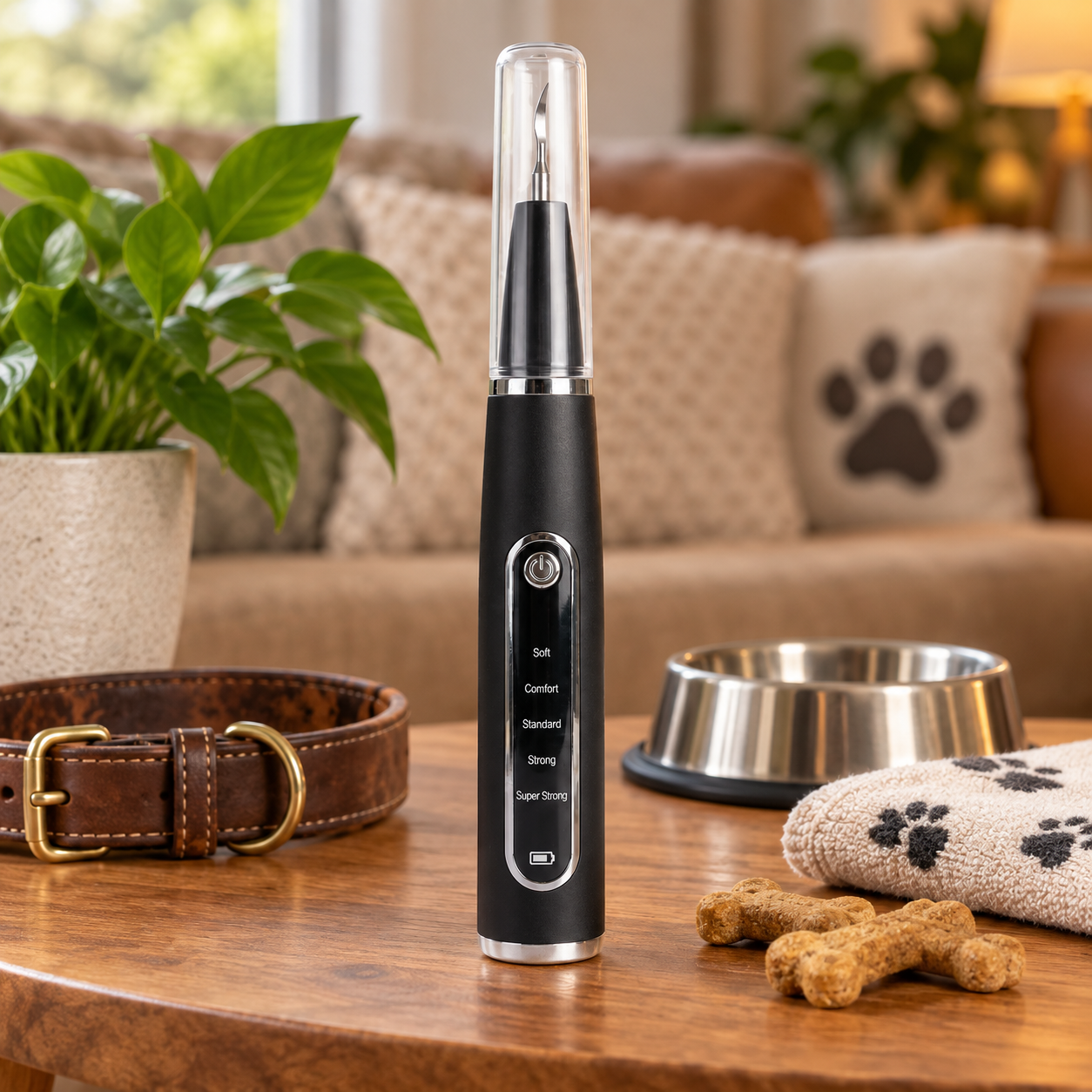 RodentLab dog dental cleaner stored with its transparent cap beside everyday dog-care items
