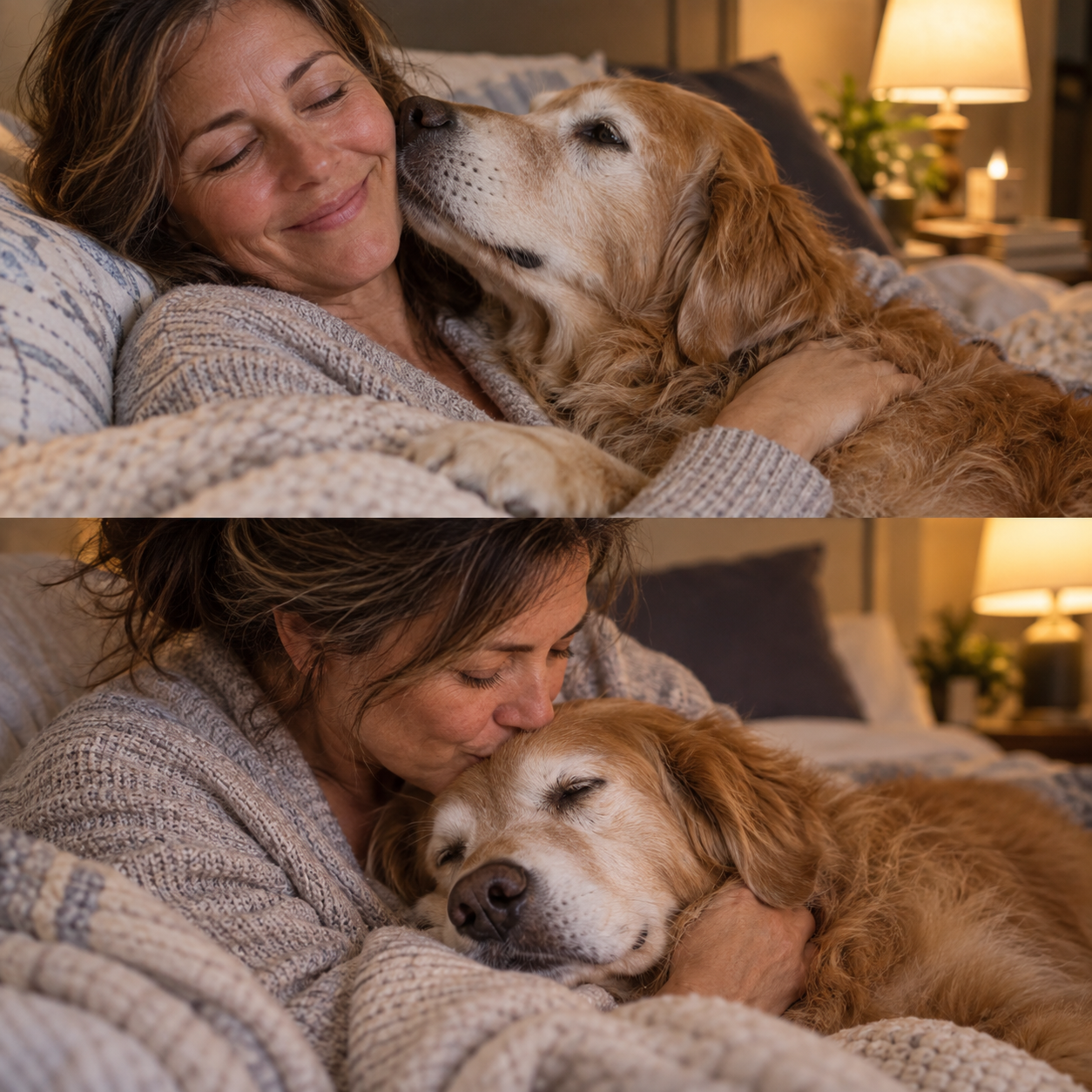 A relieved owner cuddles and kisses her senior dog's forehead