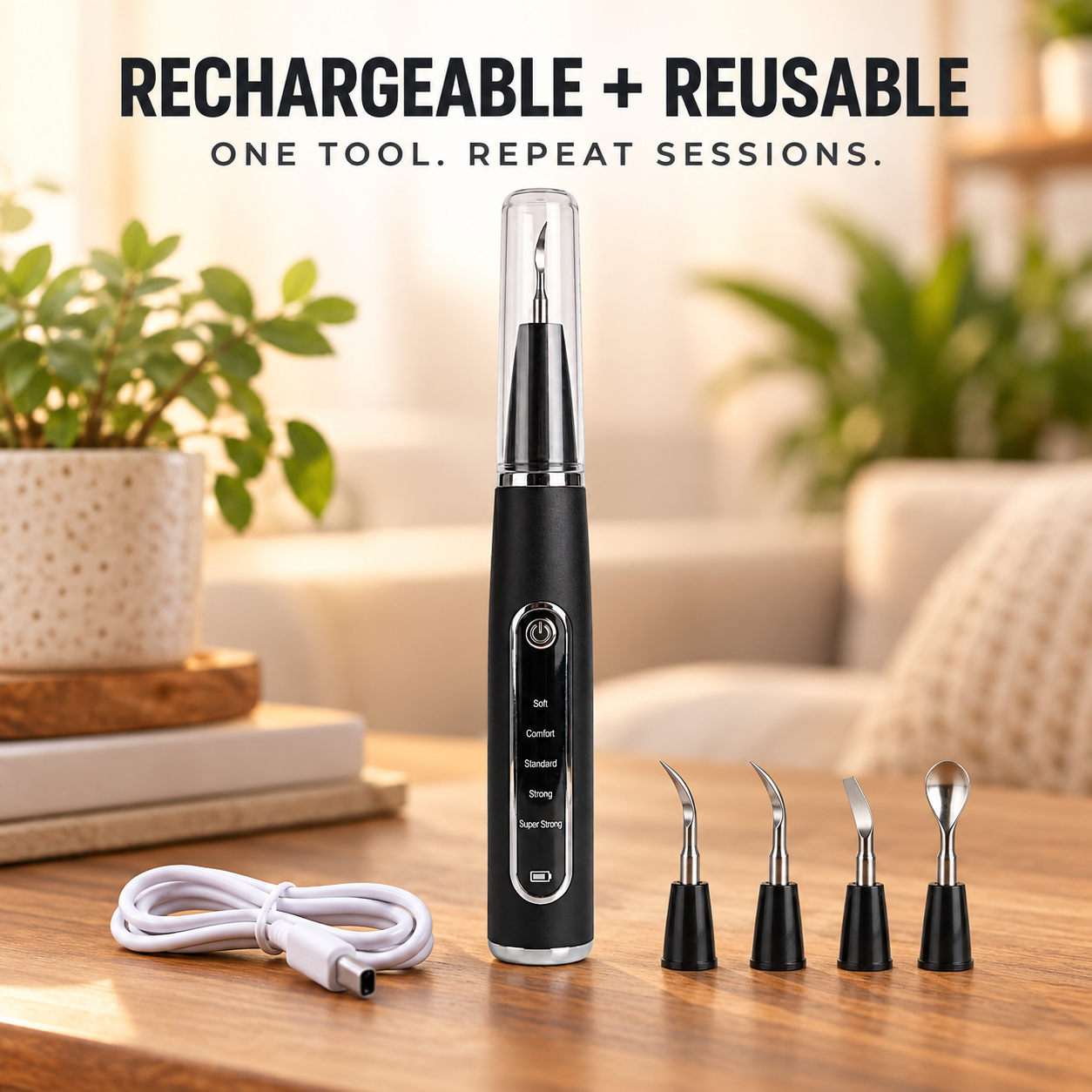 Rechargeable reusable RodentLab dog dental cleaner with charging cable and interchangeable heads
