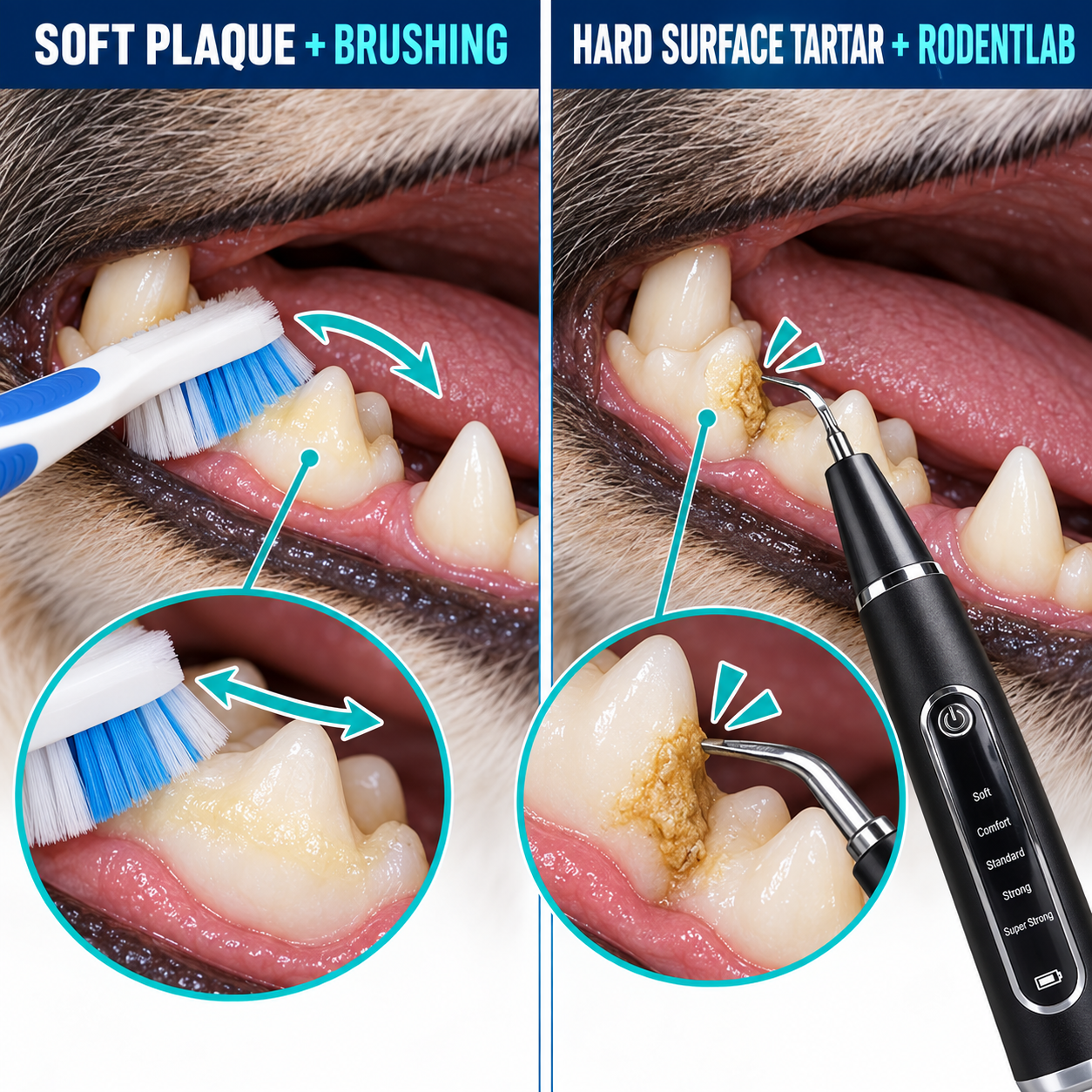 Comparison of brushing soft plaque and using the uncapped RodentLab tip on visible hard surface tartar