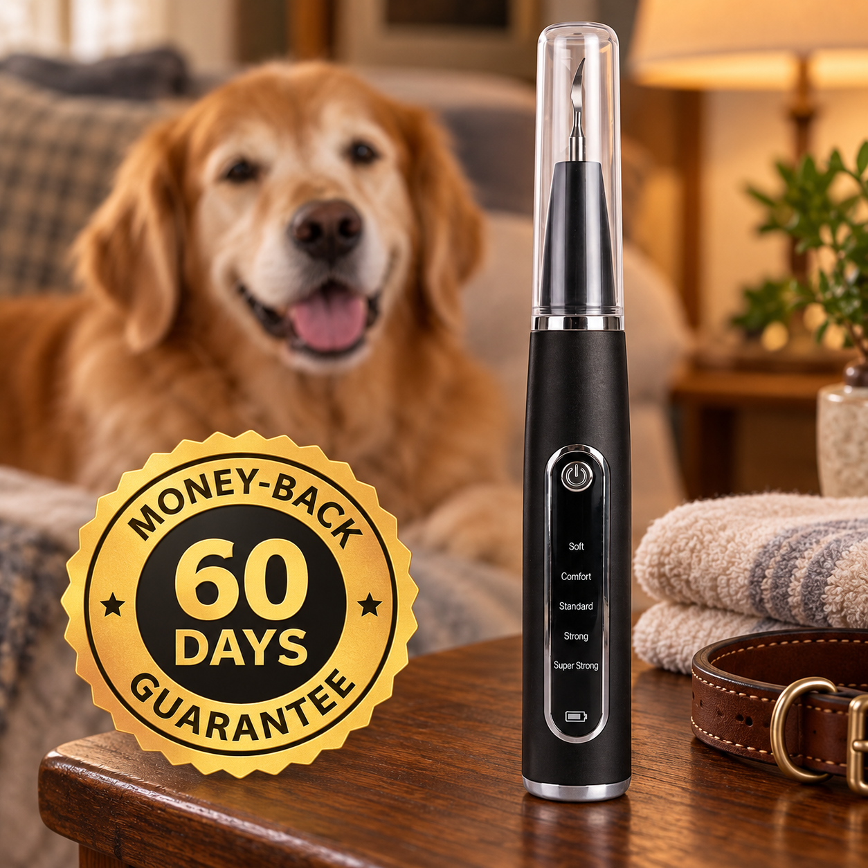 RodentLab dog dental cleaner with a 60-day money-back guarantee seal