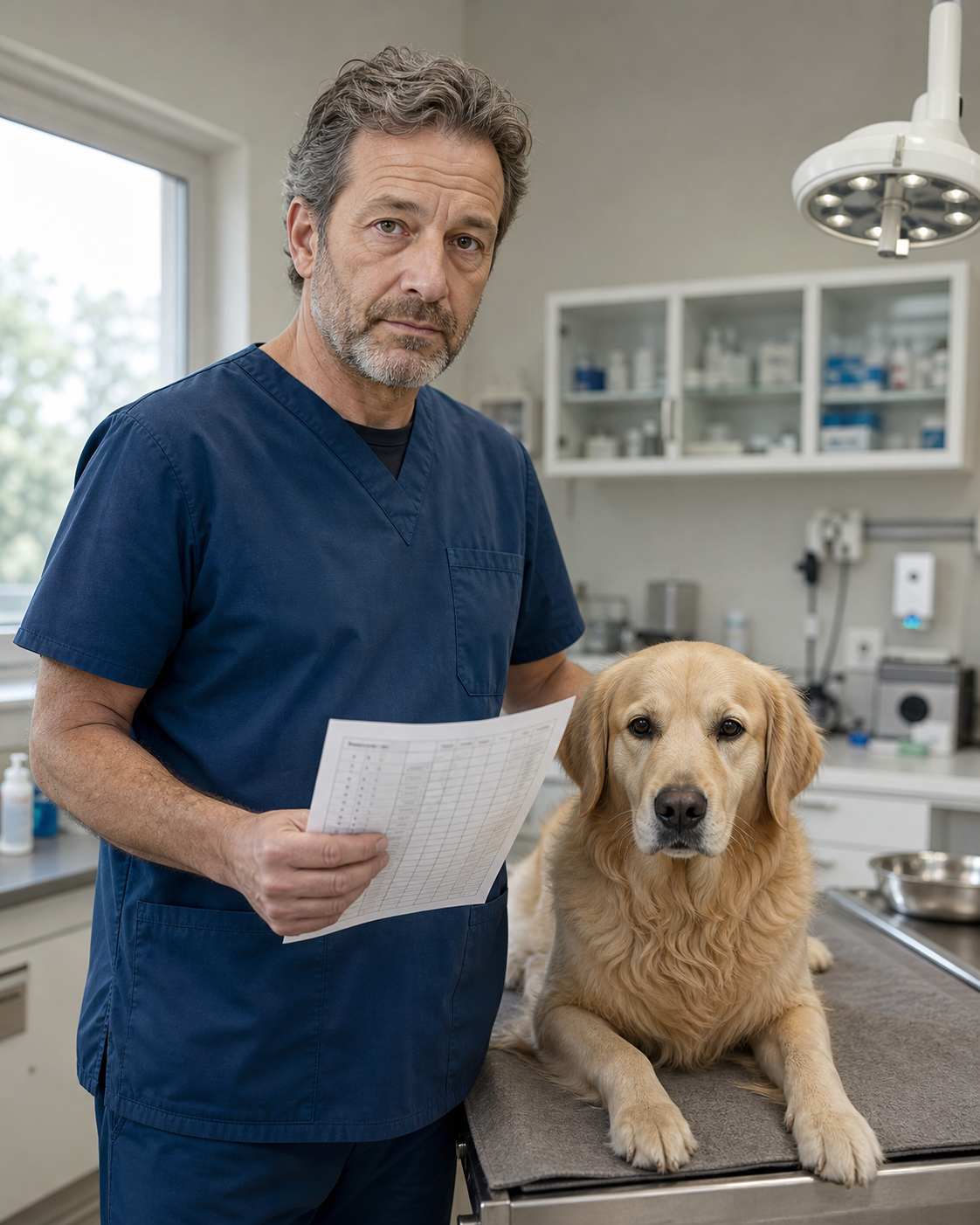 Former veterinary dental technician with a dog in a veterinary dental room