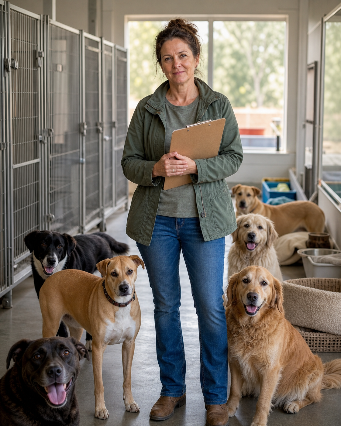 Canine rescue director standing with rescued dogs