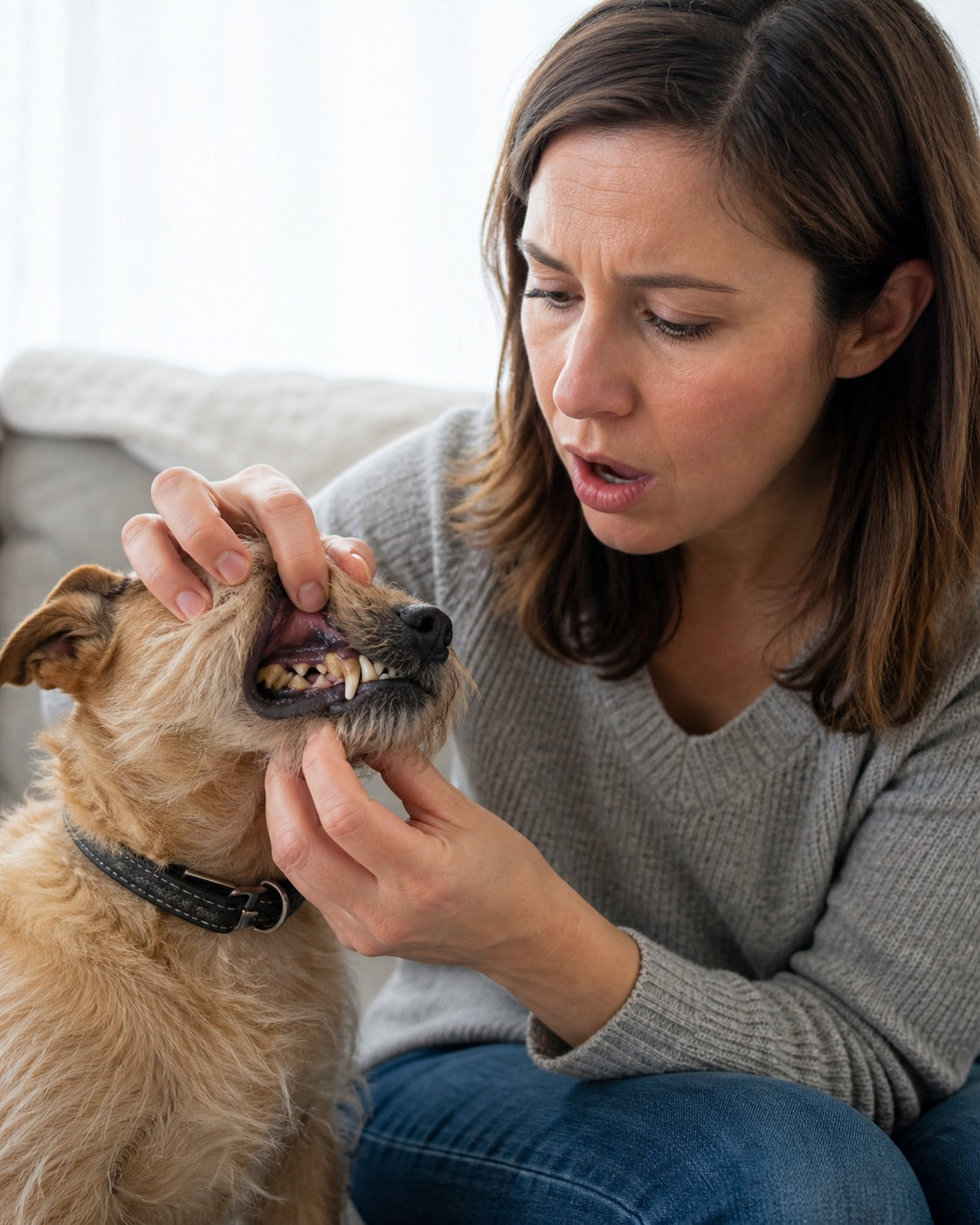 Owner calmly checking the visible back teeth of an older dog