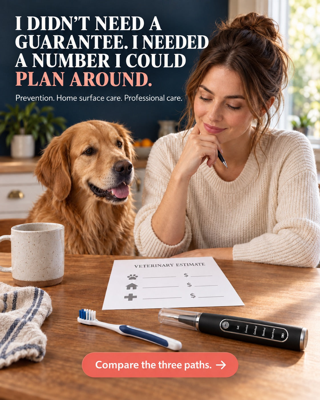 Dog owner comparing a dental estimate, toothbrush and uncapped RodentLab device