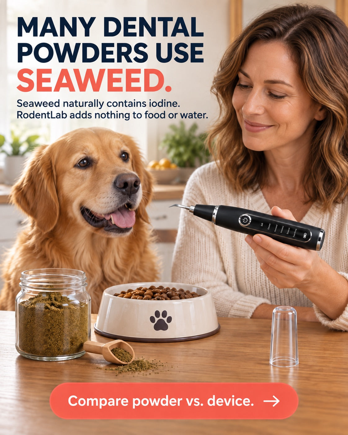 Seaweed dental powder beside a dog food bowl and an uncapped RodentLab device